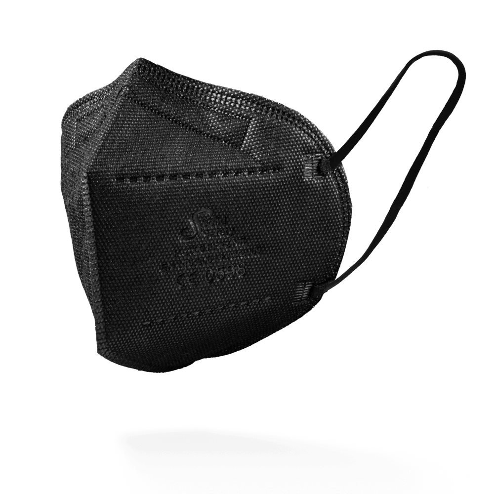 Den sorte SolidSafety filtrerende halvmaske FFP2 NR fra AMPri Handelsgesellschaft mbH står foran en enkel hvid baggrund og er udstyret med ørestropper og synlige kantsting.