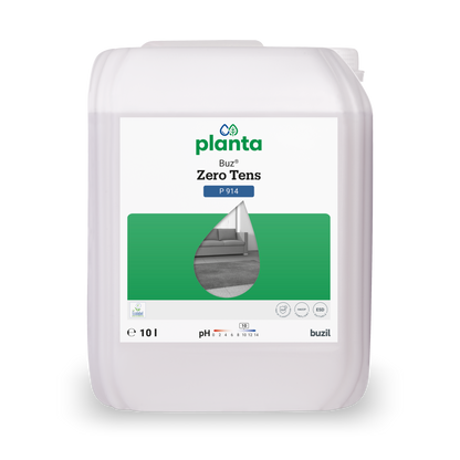 Ein weißer 10L Kunststoffbehälter mit der Aufschrift "Buz® Zero Tens Universalreiniger farblos" von BUZIL-WERK Wagner GmbH & Co. KG mit grünen Akzenten, Tröpfchengrafik, Reinigungssymbolen, pH-Wert 7,5-8,4 - ein wirksamer Universalreiniger für viele Anwendungen.