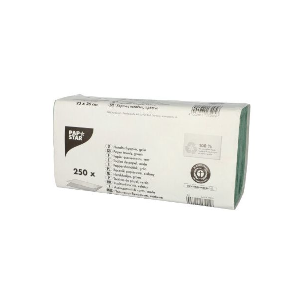 Dette sæt bestående af 250 grønne, miljøvenlige papirservietter fra PAPSTAR GmbH lavet af genbrugskreppapir har målene 25 x 23 cm. Emballagen præsenterer produktdetaljer og det ikoniske PAPSTAR-logo og garanterer kvalitet og bæredygtighed ved hver brug.