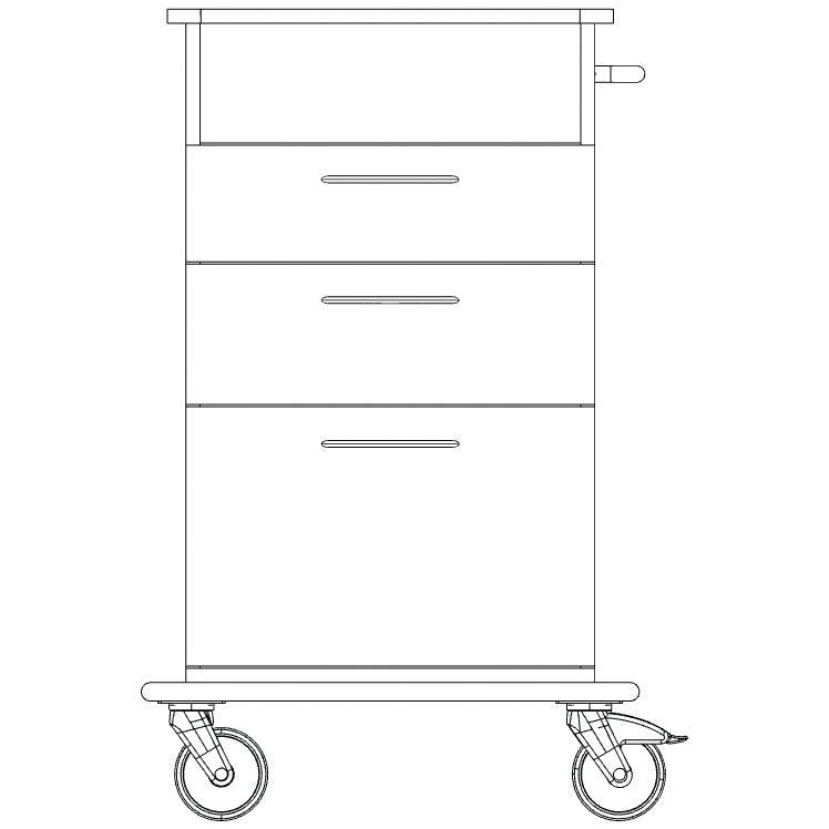 Stregtegning af et Novocal pleje- og arbejdsvognochassis bestående af en gennemgående fuldplastplade, med tre skuffer, flad opbevaringsflade, højre håndtag og to store hjul i bunden.
