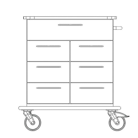 Strichzeichnung des Novocal Pflege- und Arbeitswagens: eine große obere Schublade, sechs kleinere Schubladen in zwei Spalten, strapazierfähige Vollkunststoffplatte oben, vier Räder und ein Griff an der rechten Seite. Marke: Novocal. Packung (1 Stück).