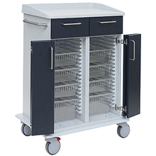 Der Novocal Pflege- und Arbeitswagen hat ein robustes Vollkunststoff-Fahrgestell, zwei obere Schubladen, offene Doppeltüren mit transparenten Einlegeböden im Inneren sowie vier Rollen für einfache Mobilität.