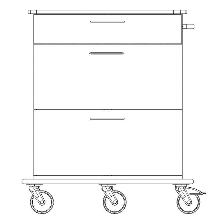 Sort-hvid stregtegning af Novocal pleje- og arbejdsvogn chassis af fuldplast med tre skuffer, fire styrehjul (et med bremsepedal) og et håndtag på højre side. Pakke: 1 stk. Mærke: Novocal.