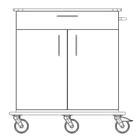 Sort-hvid stregtegning af Novocal pleje- og arbejdsvogn med plastbund, øverste skuffe, to nederste døre, håndtag på højre side og fire drejehjul (et af dem bremset). Mærke: Novocal. 1 stk. pr. pakke.