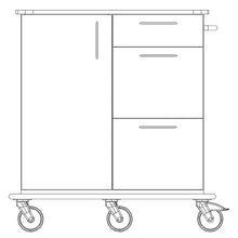 Eine Strichzeichnung des Novocal Pflege- und Arbeitswagens zeigt drei Schubladen und eine Schranktür auf der linken Seite. Auf dem robusten Vollkunststoffplattensockel sind vier große Lenkrollen angebracht.