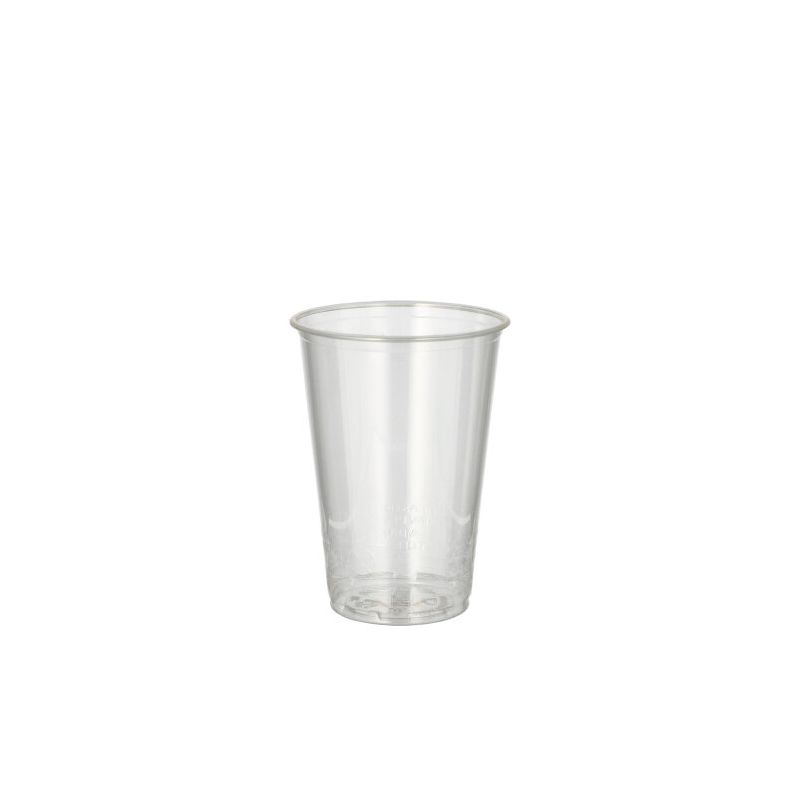 Det kolde drikkebæger „pure“ PLA 0,2 l glasklart fra PAPSTAR GmbH med sit minimalistiske og enkle cylindriske design præsenteres foran en simpel hvid baggrund for at fremhæve dets miljøvenlige potentiale.