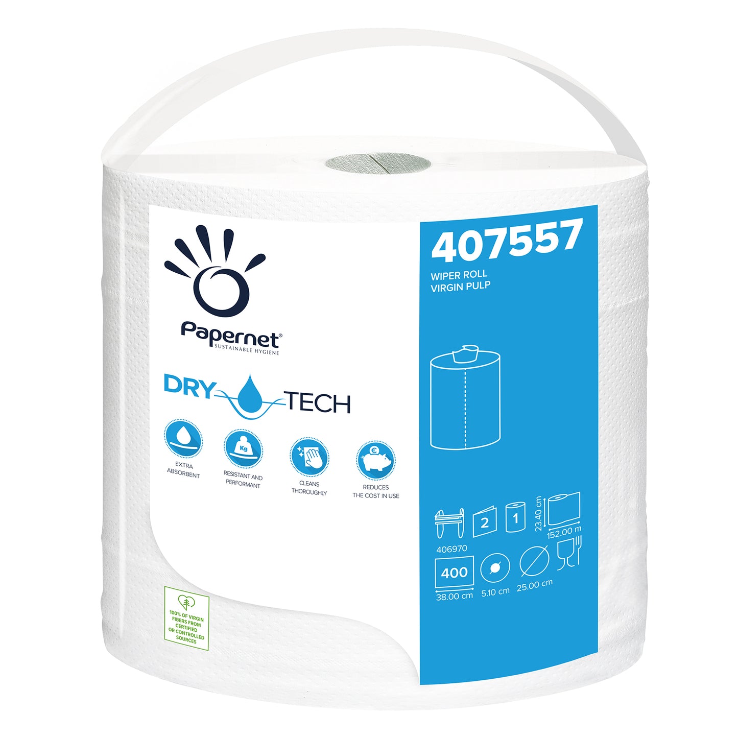 En rulle Papernet industripapirrulle 407557 fra Sofidel Germany GmbH er kendetegnet ved „Dry Tech Teknologi“ på emballagen. Den er udstyret med genbrugssymboler og indeholder 400 ark, hvilket sikrer effektivitet og bæredygtighed. Den hvide rulle måler 380 cm x 51,0 cm x 25,0 cm og er dermed et ideelt valg til industriel brug.