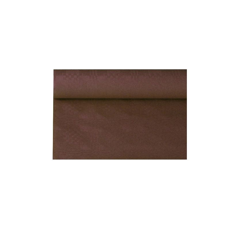 En rulle af papirdug med damaskprægning fra PAPSTAR GmbH med et elegant brunt damaskmønster præsenteres foran en hvid baggrund. Den strukturerede papirdug er delvist udrullet og viser sit indviklede design, ideelt til sofistikeret borddekoration.