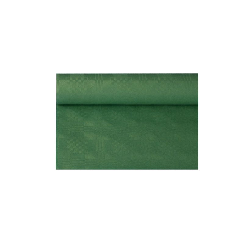 En rulle PAPSTAR papirdug med diskret damaskprægningsstruktur, delvist udrullet på hvid baggrund, ideel til elegant borddekoration.