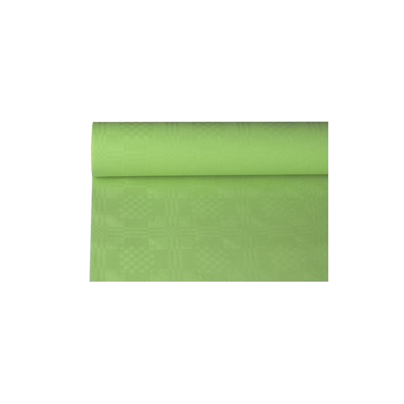 PAPSTAR papirdug med damaskprægning fra PAPSTAR GmbH, 8 m x 1,2 m, i lysegrøn med diskret ternet mønster, giver enhver borddekoration elegance. Den glatte papirdug er delvist udrullet, så dens design kommer til udtryk foran en enkel hvid baggrund.