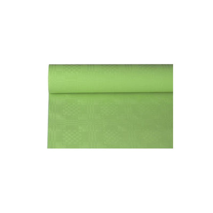 PAPSTAR papirdug med damaskprægning fra PAPSTAR GmbH, 8 m x 1,2 m, i lysegrøn med diskret ternet mønster, giver enhver borddekoration elegance. Den glatte papirdug er delvist udrullet, så dens design kommer til udtryk foran en enkel hvid baggrund.