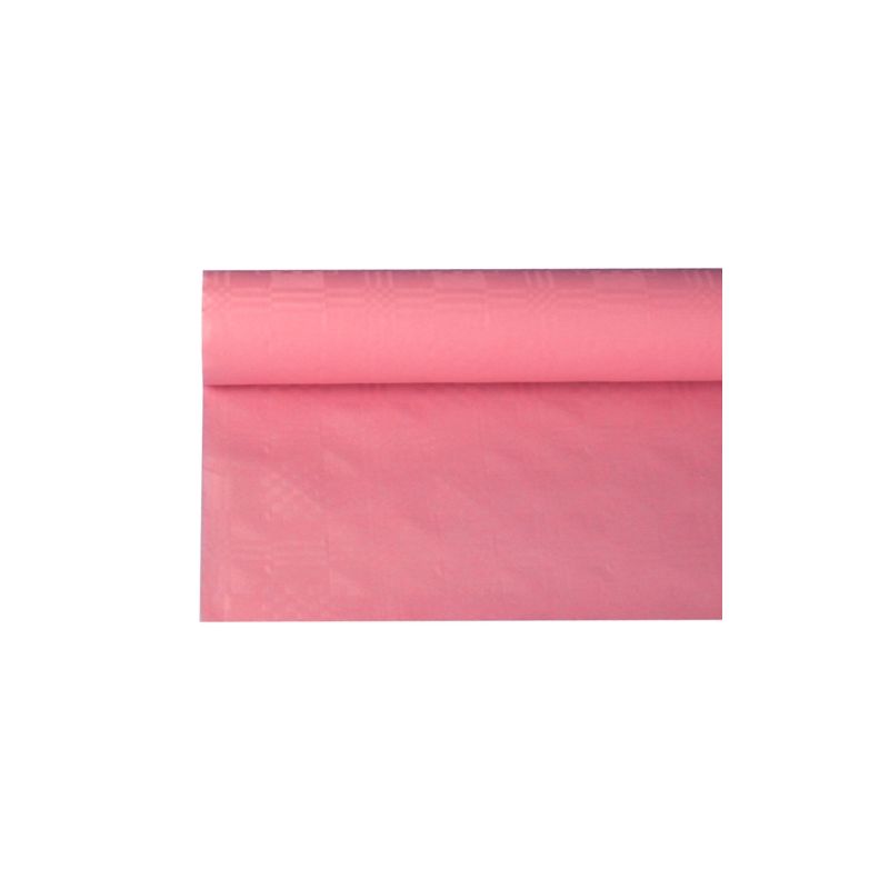 En rulle PAPSTAR papirdug med damaskprægning fra PAPSTAR GmbH, perfekt egnet til borddekoration, er delvist rullet ud på en hvid baggrund. Materialet er kendetegnet ved en glat tekstur og en let glans, hvilket gør det ideelt til at skabe en elegant atmosfære.