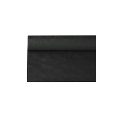 En rulle af papirdugen med damaskprægning fra PAPSTAR GmbH med et subtilt geometrisk mønster pryder scenen. Dette mørkfarvede stof, der minder om en elegant borddekoration, er delvist rullet ud foran en fejlfri hvid baggrund.