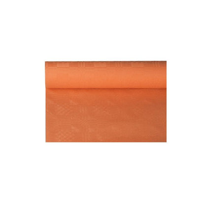 En PAPSTAR papirdug med damaskprægning, delvist rullet ud for at vise sit elegante design, er perfekt til borddekoration. Den kommer vidunderligt til sin ret foran en simpel hvid baggrund.