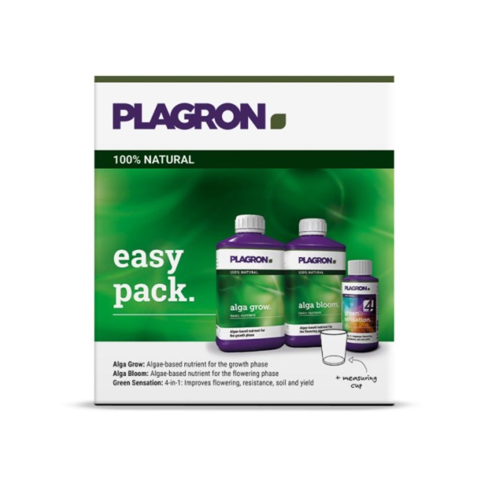 Plagron Easy Pack Natural fra Bertels B.V. indeholder tre flasker med grønne og violette etiketter til „Alga Grow“ og „Alga Bloom“ samt et lille målebæger. Det bruger organisk grundgødning og sikrer dermed præcis planteernæring i en kompakt emballage.
