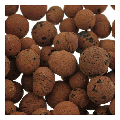Plagron Europebbles fra Bertels B.V. er brune, runde lerperler med en porøs overflade, perfekt til hydrokultursystemer. De har små mørke pletter, varierer i størrelse og er tæt pakket, hvilket giver dem et struktureret udseende.