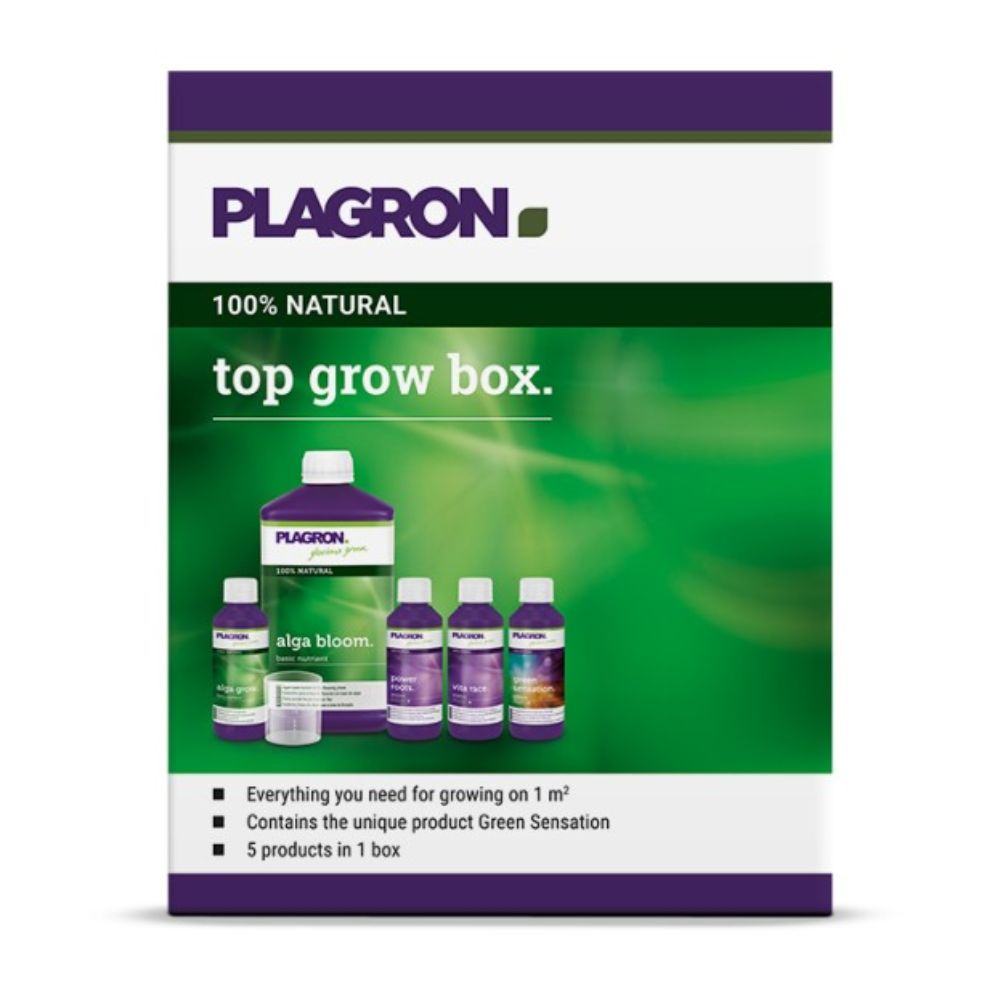 Plagron Top Grow Box 100% Natural fra Bertels B.V. har et grøn-lilla design, indeholder fem flasker inklusive "Alga Bloom", satser på naturlige ingredienser, understøtter vækst på over 1 m² og tilbyder fremragende biologiske gødninger til en komplet næringsstofforsyning.