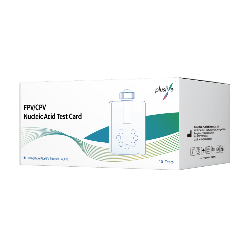 Det ses en hvid kasse med teksten „Pluslife FPV/CPV-kort, Nukleinsyre-testkit til hunde og katte | Pakke (10 styk)“ fra Pluslife. På æsken er der en enkel illustration af et testkort og en tekst, der angiver, at den indeholder 10 tests. Dette nukleinsyre-testkit fremstillet af Guangzhou Pluslife Biotech Co., Ltd. er ideelt til sundhedsdiagnostik hos hunde.