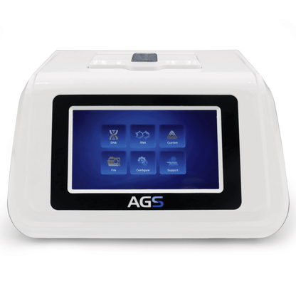 Et PCR Pure Kit-laborapparat af mærket Altruan med en stor digital touchskærm med symboler for DNA, RNA, fil, konfiguration og support på displayet, indkapslet i et hvidt kabinet.