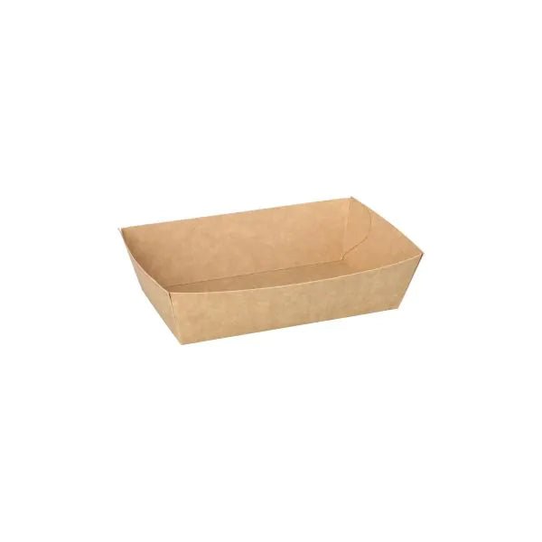 De PAPSTAR GmbH 50 snackbakker, pap "pure" - brun, er enkle, brune, rektangulære papbakker med skrå sider, fremstillet af bæredygtigt engangsmateriale og vist tomme på hvid baggrund.