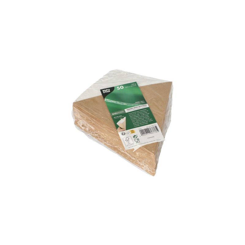 Et sæt PAPSTAR "pure" pommes-frites-kegler med dypningshjørne lavet af fornybare råmaterialer er pakket i en gennemsigtig plastikfolie. Emballagen er forsynet med en grøn etiket med produktinformationer og stregkode. De brun/hvide trekantede ToGo-beholdere har målene 19,5 cm x 16,5 cm og rummer op til 100 g.