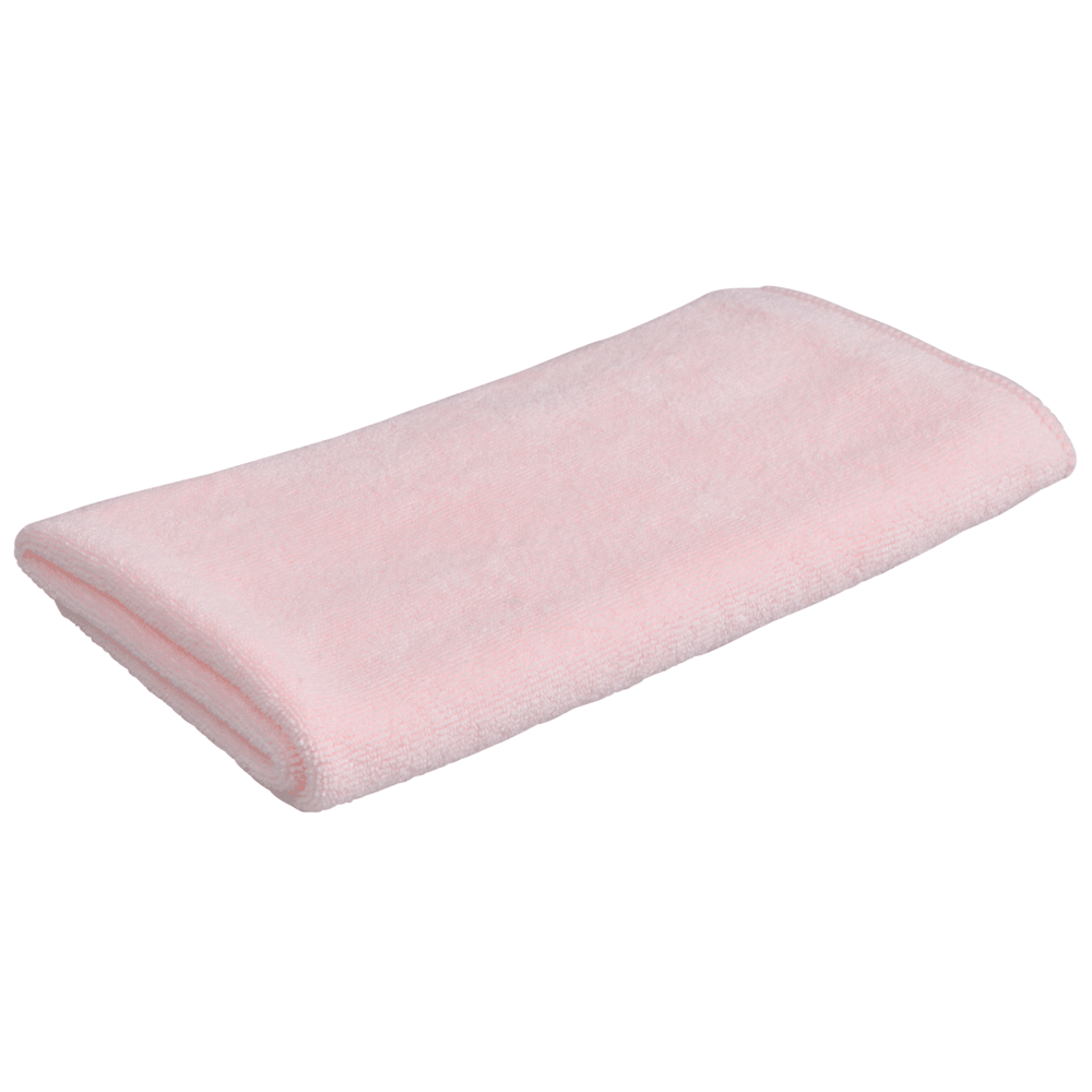 En foldet lyserød mikrofiberklud ENA Soft fra Abena Re-Seller GmbH (40x40 cm) med blød, plysset tekstur, perfekt til rengøring eller bilpleje, på en enkel hvid baggrund.