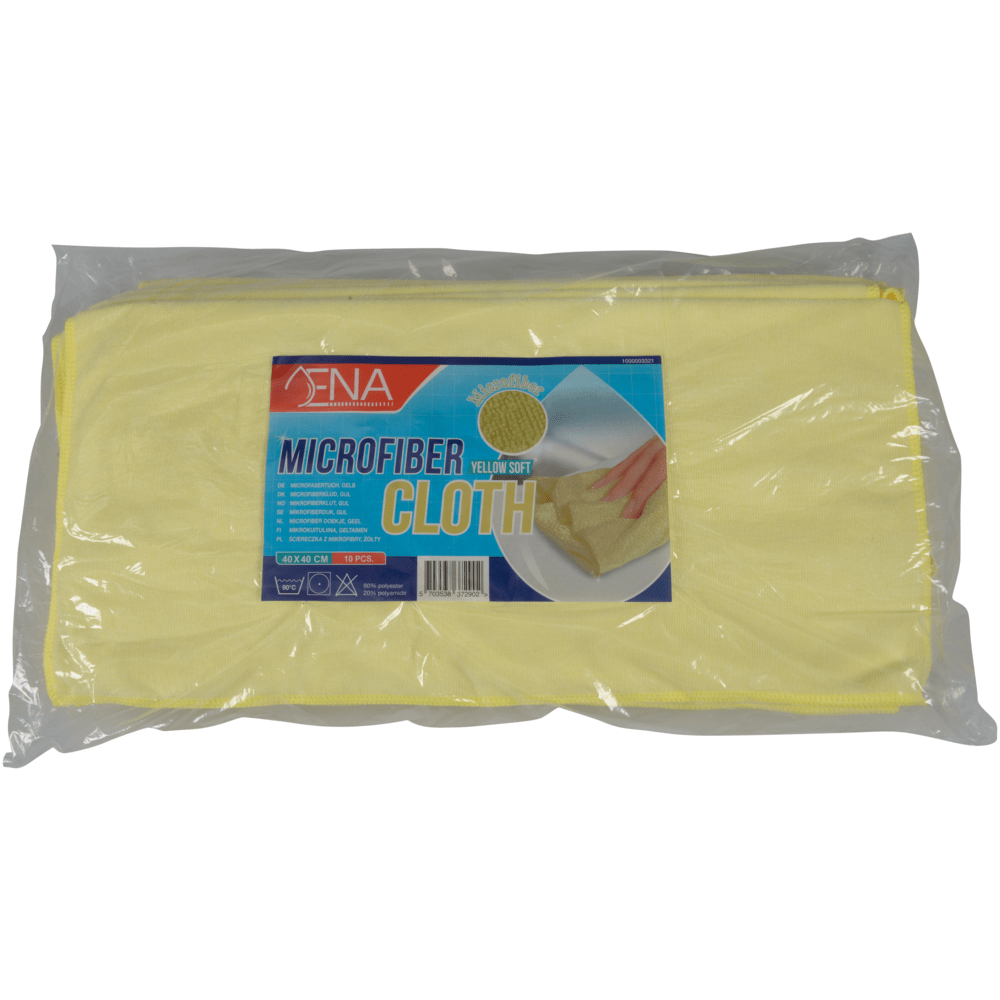 Abena Re-Seller GmbH mikrofiberklud ENA Soft (40x40 cm) leveres i en gennemsigtig emballage med produktinformation og et billede af en hånd, der bruger den gule mikrofiberklud til bilpleje, så denne rengøringsklud er synlig og tilgængelig.