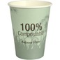 Der Abena Re-Seller GmbH Kaffeebecher Kompostierbar "Dandelion" ist ein grüner Kaffeebecher mit der Aufschrift "100% Compostable Because I Care!" und einem Scherenschnittmotiv aus Pflanzen und Löwenzahn im Hintergrund.