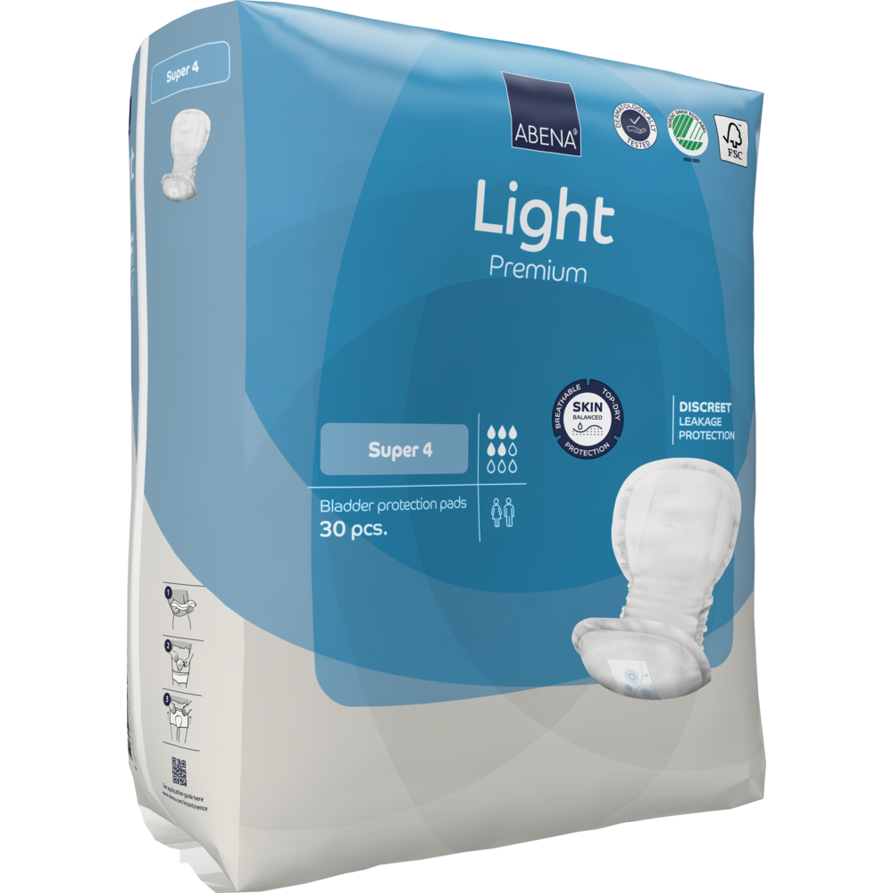 Die ABENA Light Super 4, Premium von Abena Re-Seller GmbH in der blau-weißen 30er-Packung bietet diskreten Auslaufschutz und hautfreundlichen Komfort.