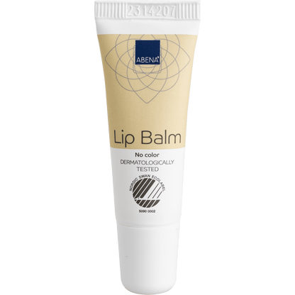Den beige-hvide 10-ml tube fra Abena Re-Seller GmbH læbepomade med hvid hætte og teksten "No color", "DERMATOLOGISK TESTET" og det nordiske svanemærke giver fugt til bløde, sunde læber. Tilgængelig som karton (300 pakker).