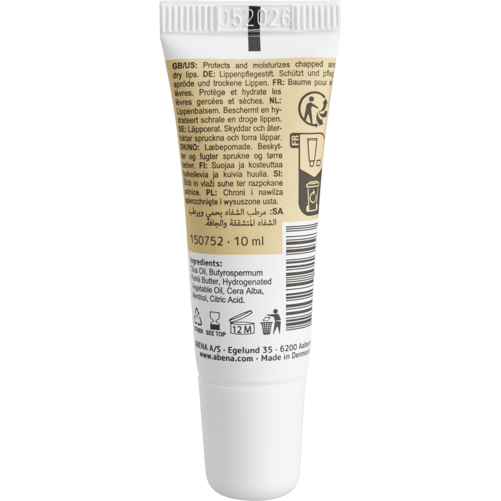 Den hvide 10-ml tube fra Abena Re-Seller GmbH læbepomade med beige etiket indeholder produktinformation, brugsanvisninger på flere sprog, ingredienser, symboler, en hvid hætte og udløbsdatoen "05 2026" på toppen; tilgængelig i kartoner med 300 stykker.