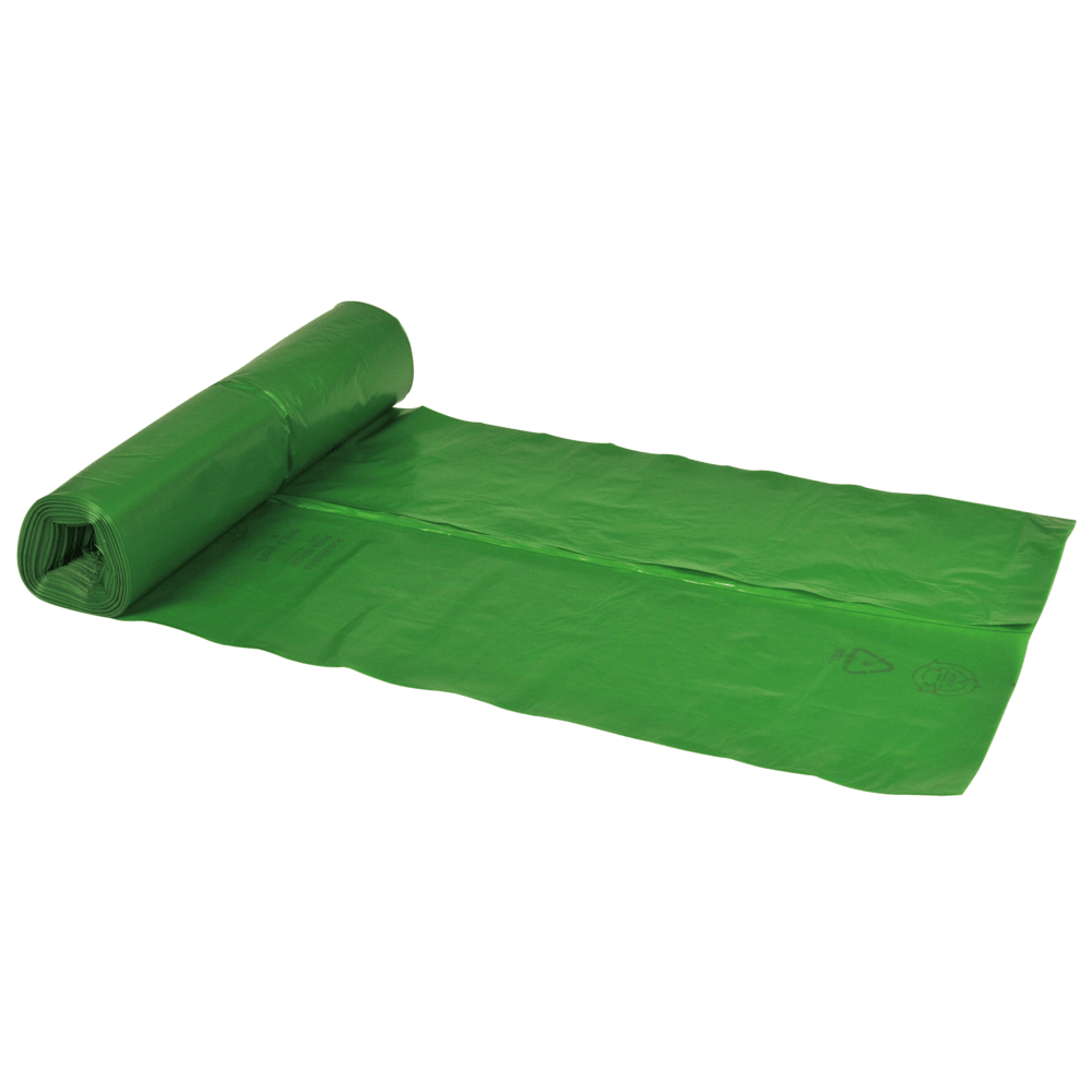 En rulle af Abena Re-Seller GmbH affaldsposer 120 L, 700x1100 mm, 34 my LDPE i grøn (rulle med 25 poser) vises delvist udrullet på hvid baggrund; poserne er nye, ubrugte og forsynet med synlige genbrugssymboler.