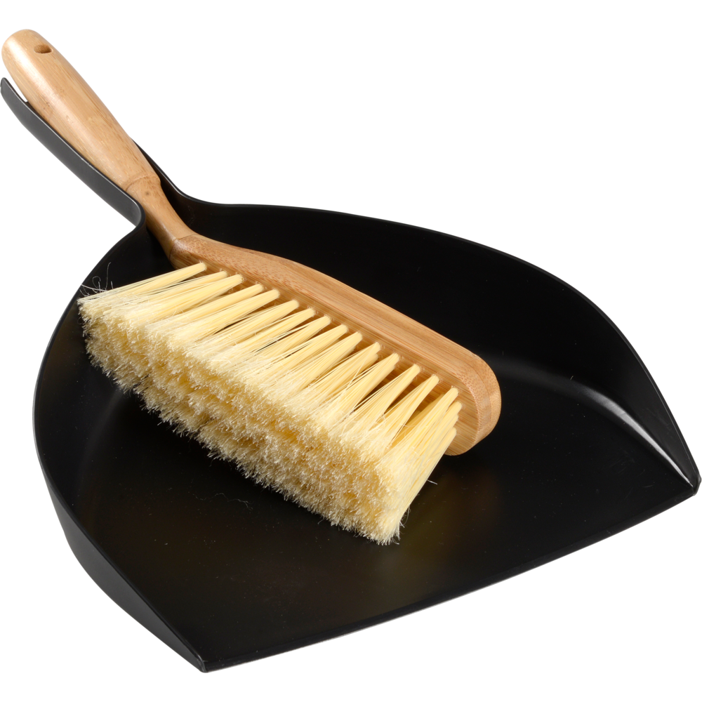 En børste med bambusskaft og lyse børster sidder på en sort fejebakke af plastik - et ENA Living fejesæt, bambus fra Abena Re-Seller GmbH, der rengør stilfuldt og miljøvenligt i en pakke med 12.