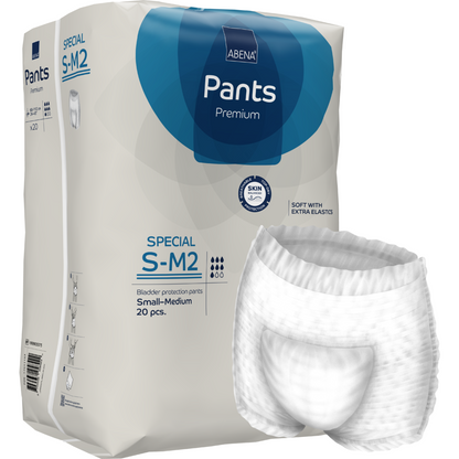 En pakke ABENA Pants Special Premium fra Abena Re-Seller GmbH, størrelse S-M2 (20 styk), afbildet ved siden af et udfoldet hvidt voksenble. Emballagen fremhæver hudbeskyttelsen og de ekstra elastikker.