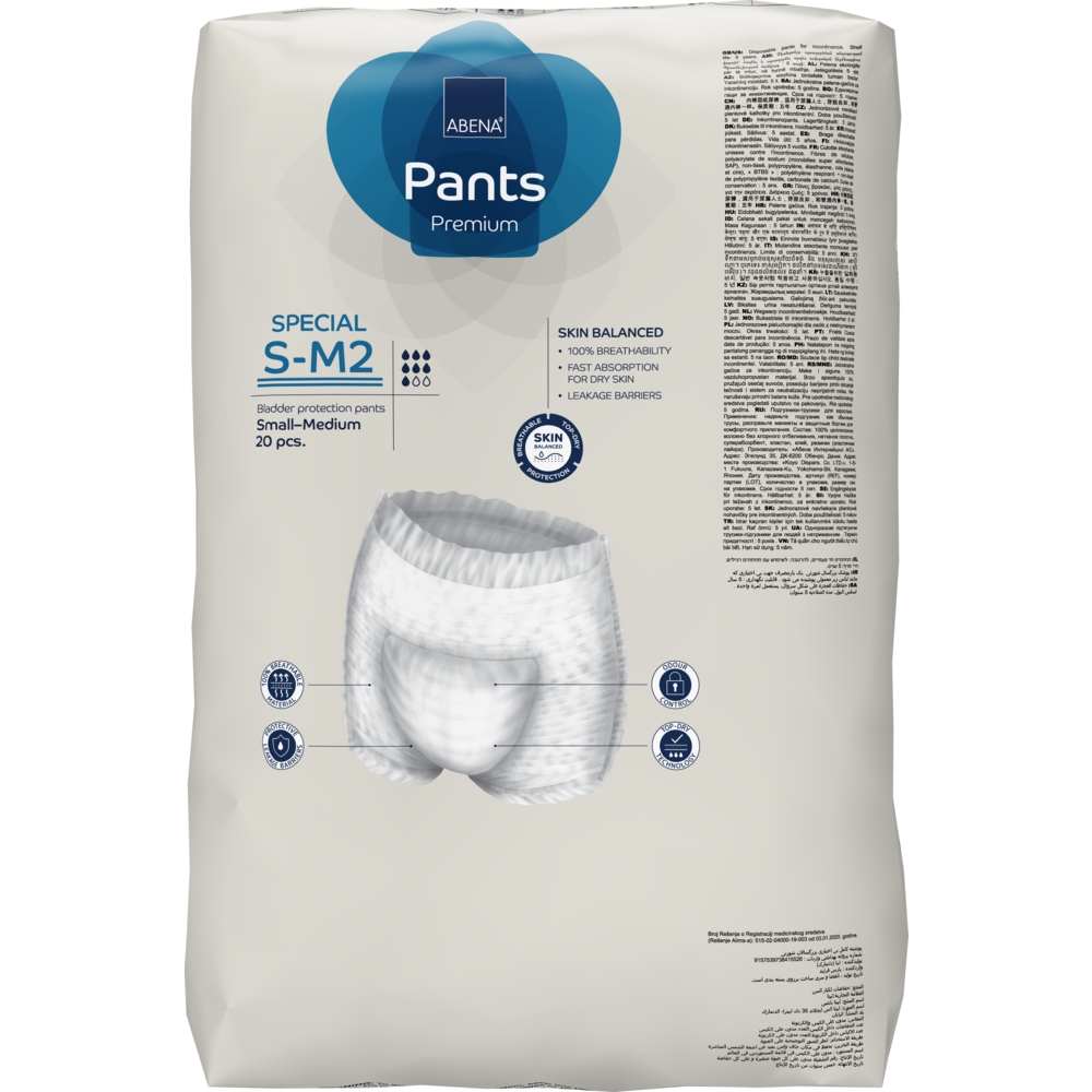 Ein 20er-Pack ABENA Pants Special Premium von Abena Re-Seller GmbH, Größe S-M2. Die meist weiße Verpackung zeigt auf der Vorderseite Produktdetails und eine Abbildung der Unterwäsche.