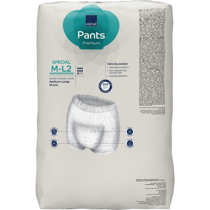 En pakke ABENA Pants Special Premium fra Abena Re-Seller GmbH, størrelse medium, 18 styk. Emballagen viser produktdetaljerne, billedet af bukserne og information om hudbalance til inkontinenspleje for voksne.