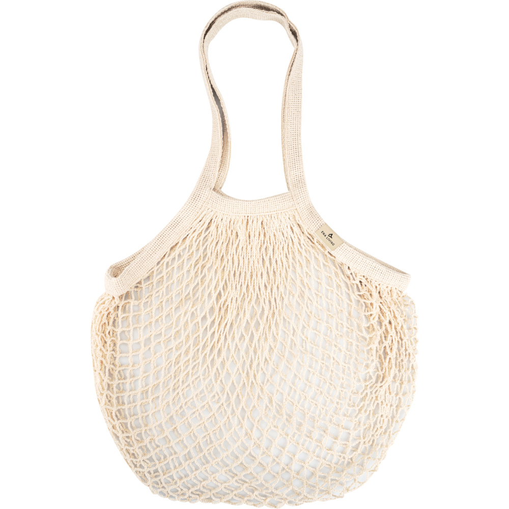 Das ENA Living Einkaufsnetz von Abena Re-Seller GmbH (Karton mit 24 Packungen), beige und wiederverwendbar mit zwei Henkeln, wird leer vor weißem Hintergrund präsentiert - ideal für umweltbewusstes Einkaufen.