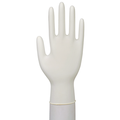 Ein einzelner Abena Re-Seller GmbH Latex-Handschuh Classic, puderfrei und naturfarben, ist auf einem zylindrischen Ständer mit gespreizten Fingern und nach vorn gerichteter Handfläche präsentiert - ideal für medizinische Einrichtungen.