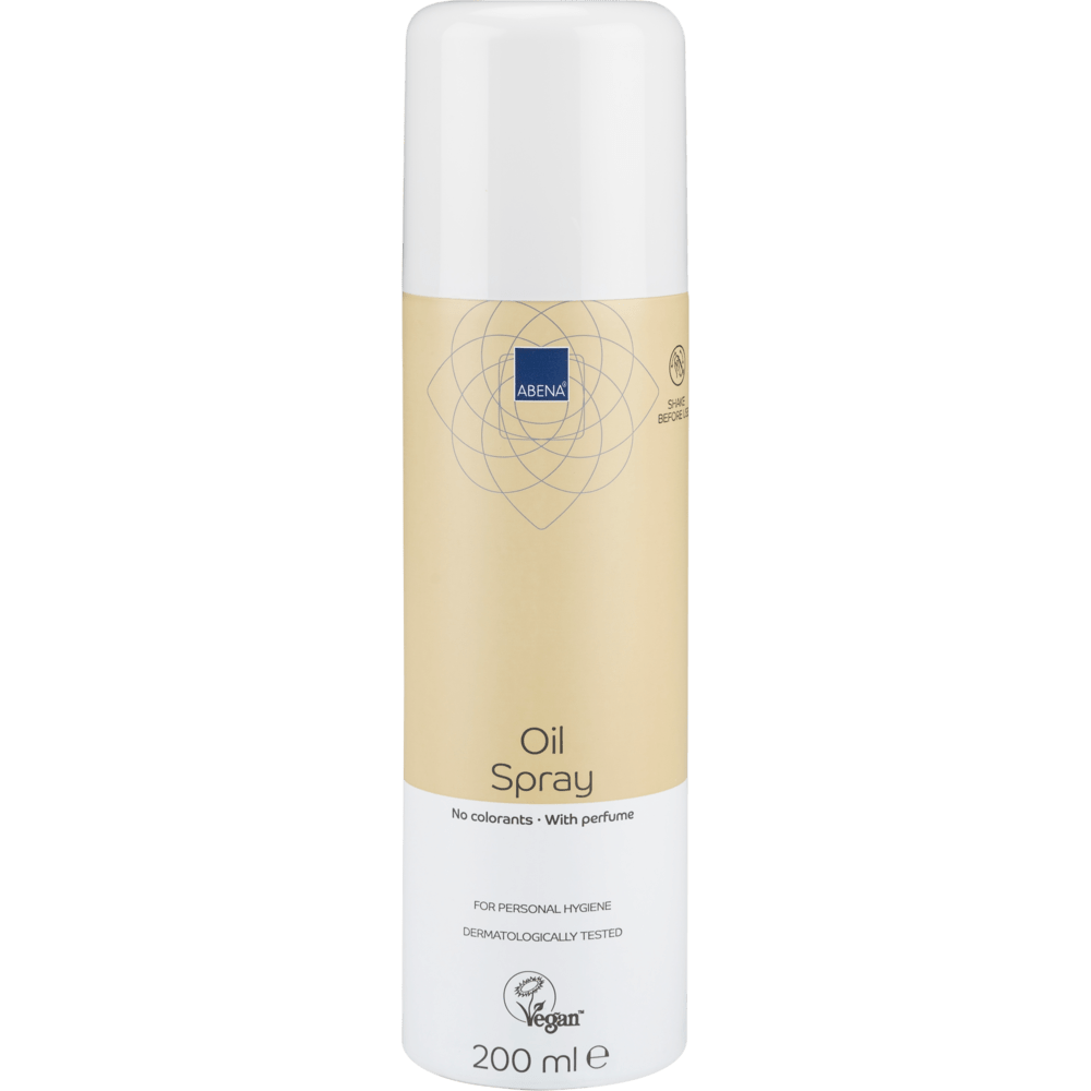 En 200 ml cylindrisk Abena Re-Seller GmbH oliespray, let parfumeret, i en beige-hvid flaske med påskriften "Uden farvestoffer", "Let parfumeret" og "Vegan", med en hvid hætte. Solgt som karton (12 pakker).