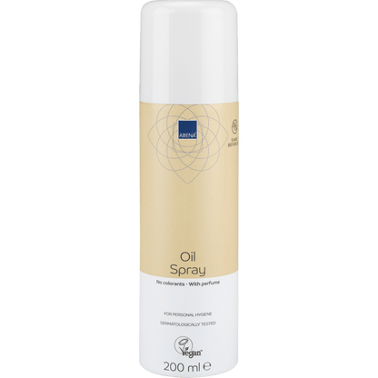 En 200 ml cylindrisk Abena Re-Seller GmbH oliespray, let parfumeret, i en beige-hvid flaske med påskriften "Uden farvestoffer", "Let parfumeret" og "Vegan", med en hvid hætte. Solgt som karton (12 pakker).