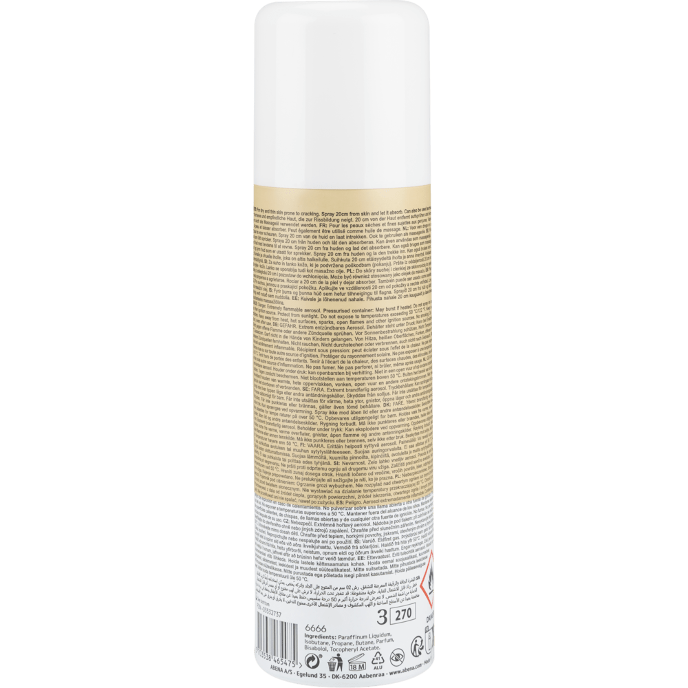 Oliespray, let parfumeret (200 ml) fra Abena Re-Seller GmbH, stående oprejst med hvid hætte og en detaljeret bagsideetiket med instruktioner, advarsler og genanvendelsesinformationer. Solgt i kartoner med 12 stykker.