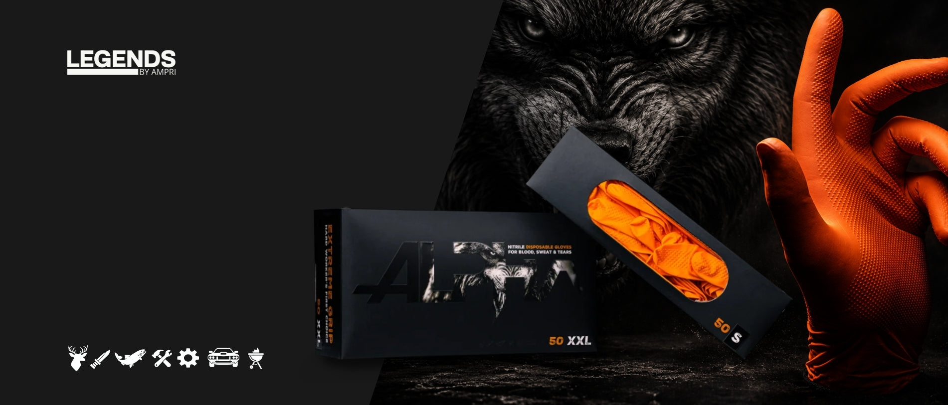 AMPri Legends orange Nitril-Einmalhandschuhe vor schwarzem Hintergrund mit Gorilla-Motiv und Produktverpackung.
