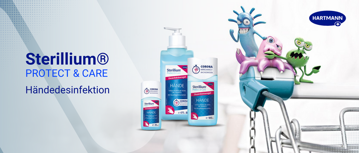 Neben Comicfiguren mit Keimen wird eine Präsentation von Sterillium Protect & Care-Händedesinfektionsmitteln gezeigt. Das Produkt umfasst flüssige und gelförmige Desinfektionsmittel. Der Text lautet „Sterillium® Protect & Care Händedesinfektion“. In der Ecke ist das Hartmann-Logo zu sehen.