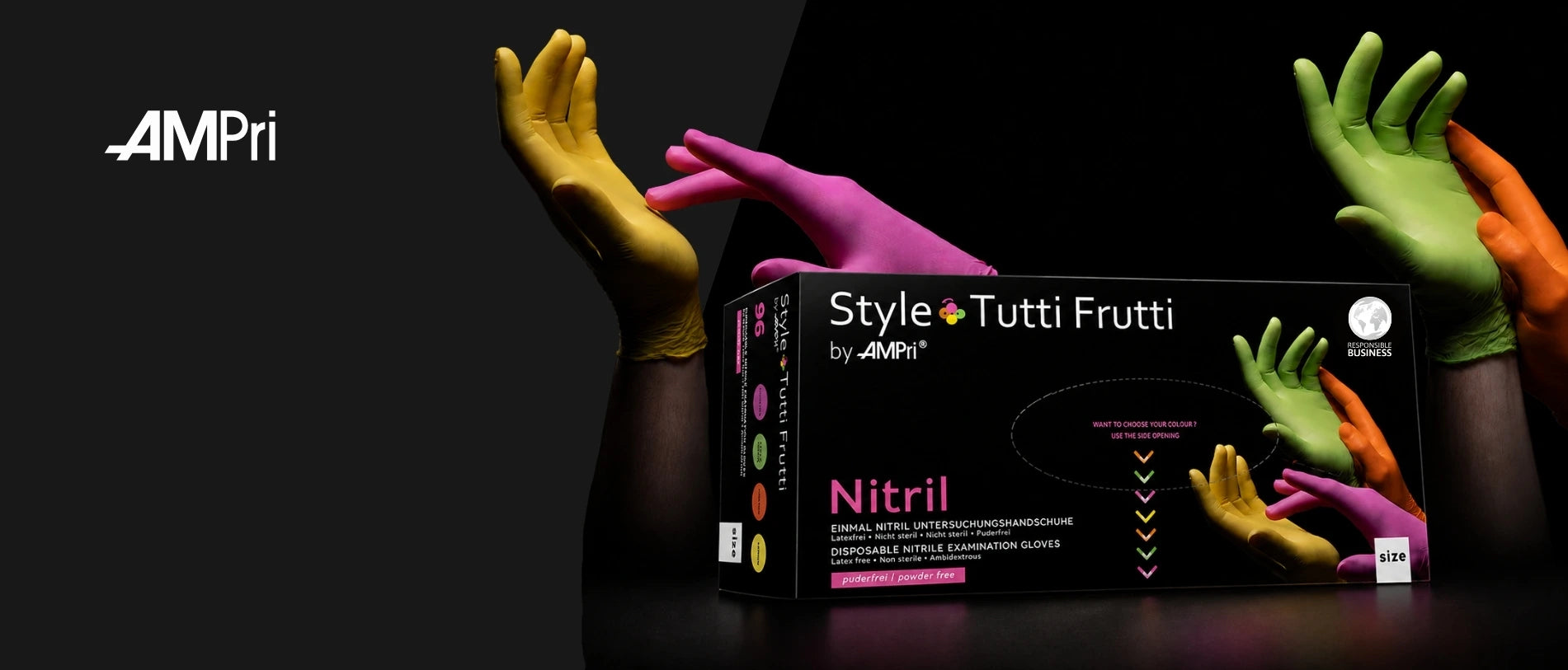AMPri Style Tutti Frutti Nitril-Einmalhandschuhe in verschiedenen Farben mit schwarzer Produktverpackung vor dunklem Hintergrund.

