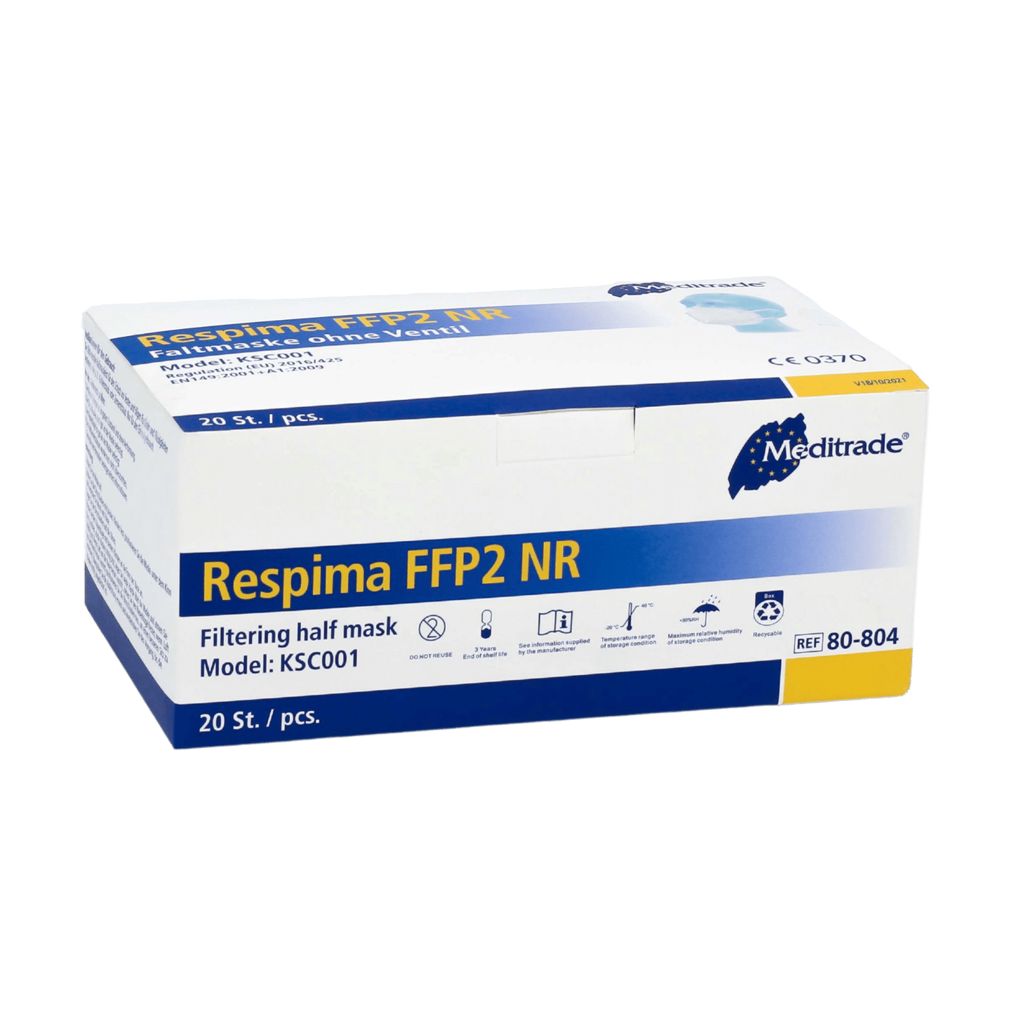 En æske Meditrade Respima FFP2 åndedrætsværn præsenteres foran en enkel baggrund. Den hvide æske med blå detaljer viser, at den indeholder 100 stykker og bærer i det øverste højre hjørne markant mærkenavnet Meditrade GmbH, kendt for personligt beskyttelsesudstyr.