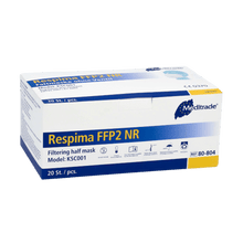 En æske Meditrade Respima FFP2 åndedrætsværn præsenteres foran en enkel baggrund. Den hvide æske med blå detaljer viser, at den indeholder 100 stykker og bærer i det øverste højre hjørne markant mærkenavnet Meditrade GmbH, kendt for personligt beskyttelsesudstyr.