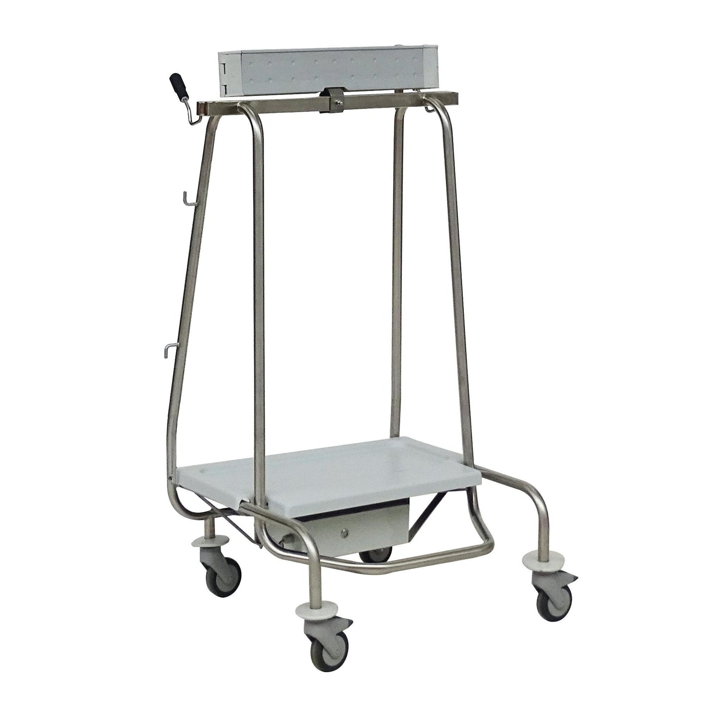 En stabil Novocal-enhedsvogn af metal med fire hjul, en flad nederste hylde, en øverste stang og sidekroge - ideel til kombination med Novocal affaldssamler "Genius Plus" ramme rustfrit stål (pakke 1 stk).