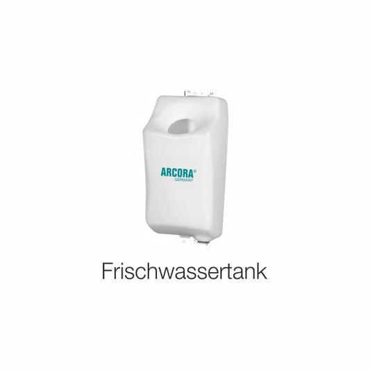 Weißer Arcora Sd17 Frischwassertank 10 L von Arcora International GmbH, mit Griff an der Oberseite, abgebildet vor weißem Hintergrund. Unterhalb des Tanks steht in schwarzer Schrift "Frischwassertank". Ideal für die Aufbewahrung von Wasser im Haushalt.