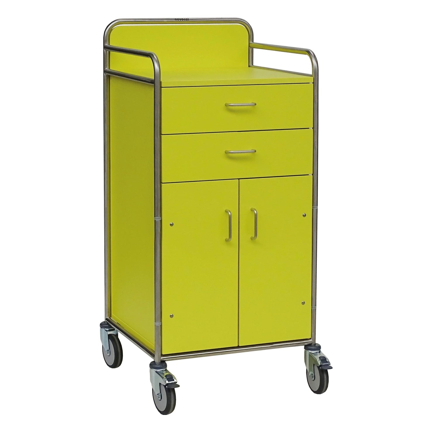 Den Novocal stationsvogn har et gult design med to skuffer, et skab med to døre, metalhåndtag og en fuldsvejset rustfri stålramme - ideel som en alsidig medicinsk vogn, leveret som et stykke per pakke.
