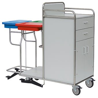 Novocal-stationsvognen har en rustfri stålramme med fuldsvejste rørforbindelser, to affaldsspande med fodpedal (rødt og grønt låg), skuffer, et skab og hjul - ideel til enhver medicinsk facilitet. Pakke: 1 styk.